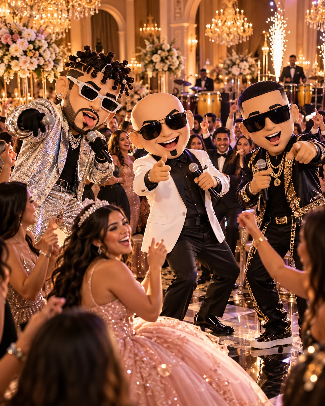 Imagen ilustrativa con IA de personajes tipo Bad Bunny, Pitbull y Daddy Yankee en evento elegante